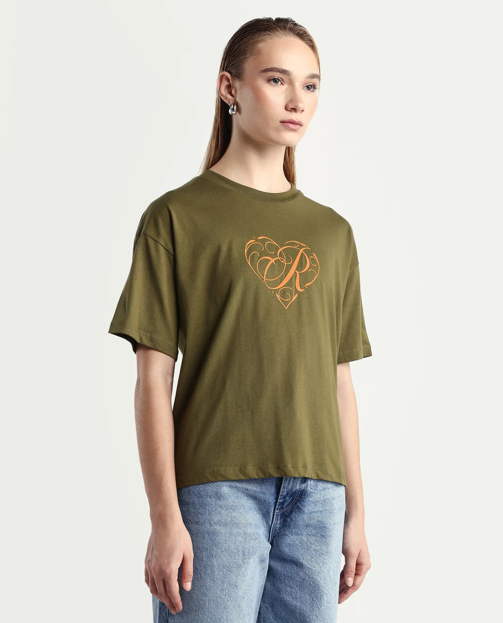 Rareism Women's Fer Dark Olive Cotton Crew Neck Relaxed Fit T-Shirt