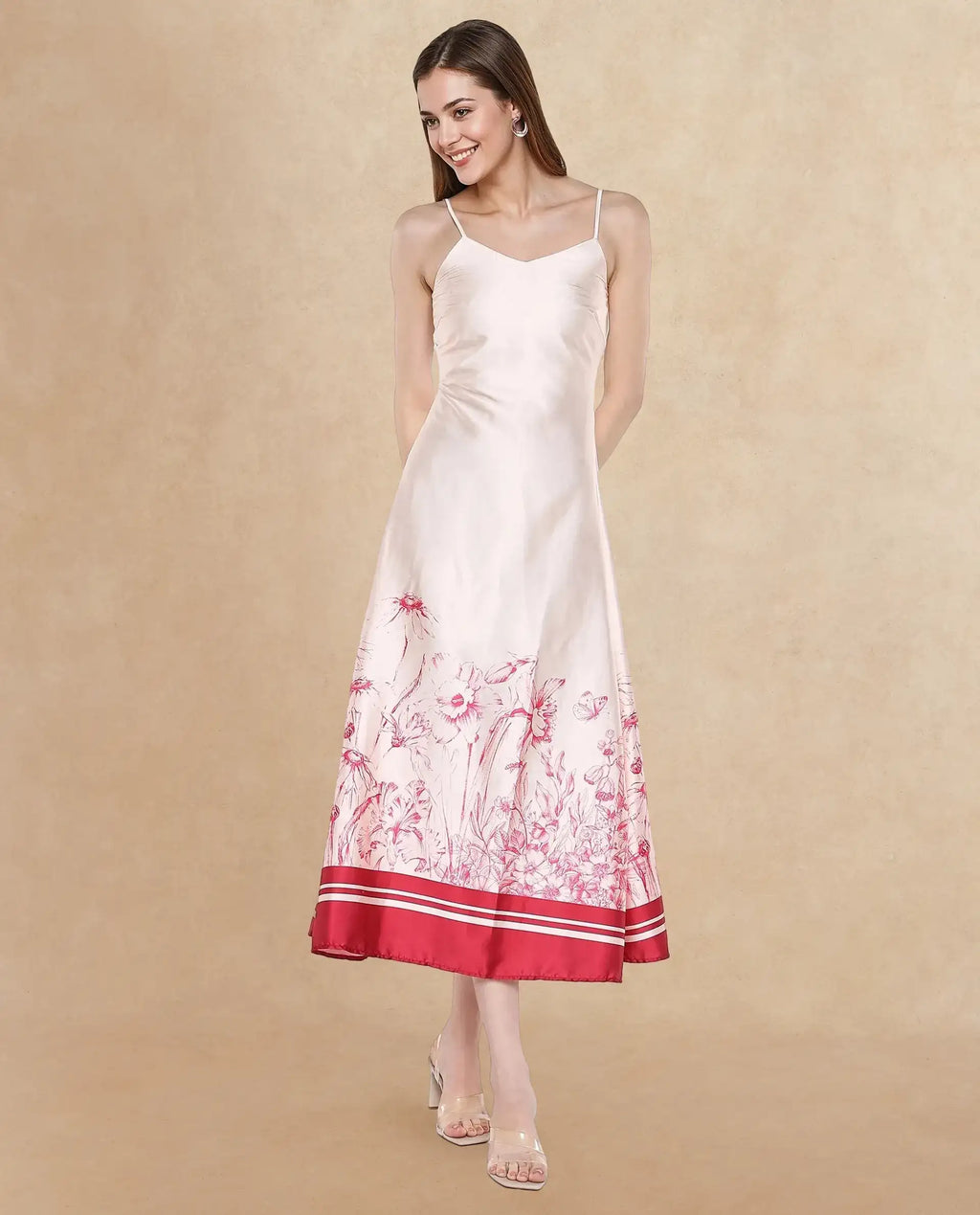 Rareism Women's Ferrara Beige Satin Shoulder Strap Floral Print Shoulder Strap Maxi Bodycon Dress