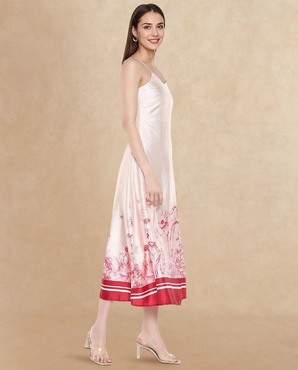 Rareism Women's Ferrara Beige Satin Shoulder Strap Floral Print Shoulder Strap Maxi Bodycon Dress