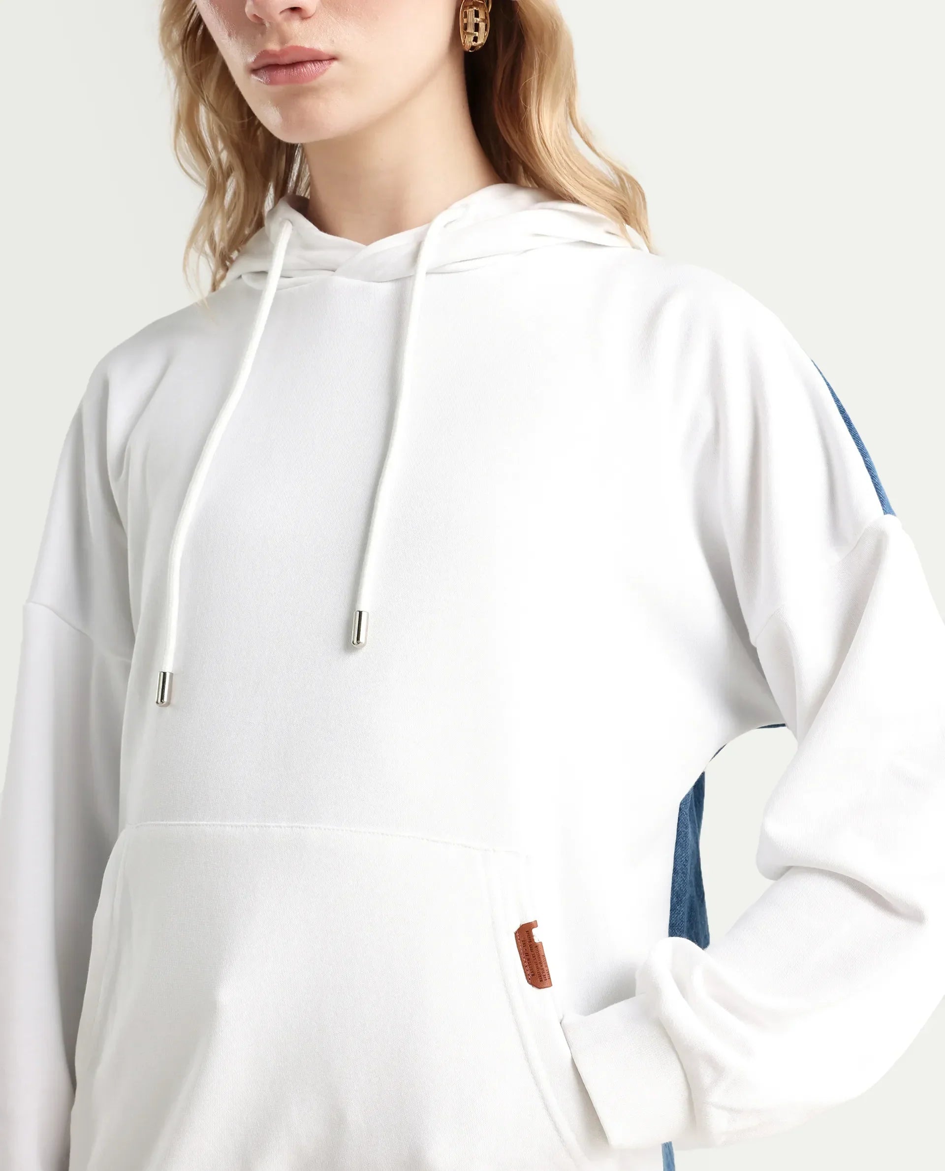 Rareism Women's Ferra White Cotton Blend Hooded Plain Relaxed Fit Sweatshirt