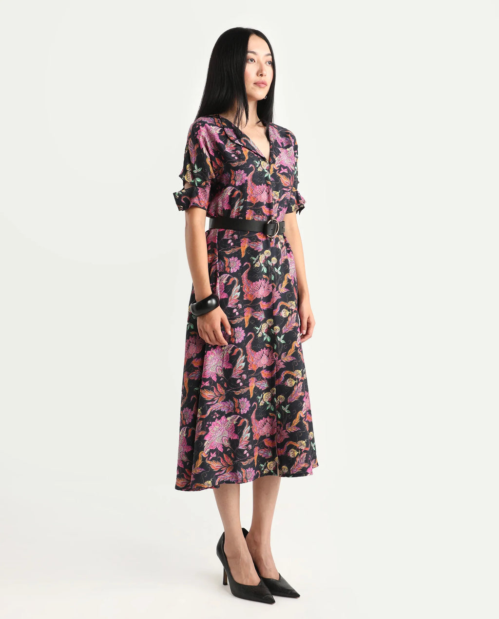 Rareism Women's Fertash Dark Multi Cotton Blend Drop Collar Abstract Print Cutout Sleeve Midi A-Line Dress