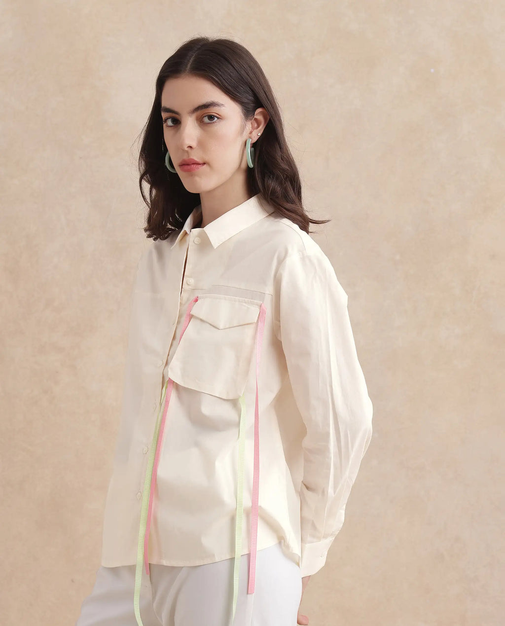 Rareism Women's Fetopl Beige Cotton Spread Collar Graphic Print Cuffed Sleeve Boxy Fit Shirt