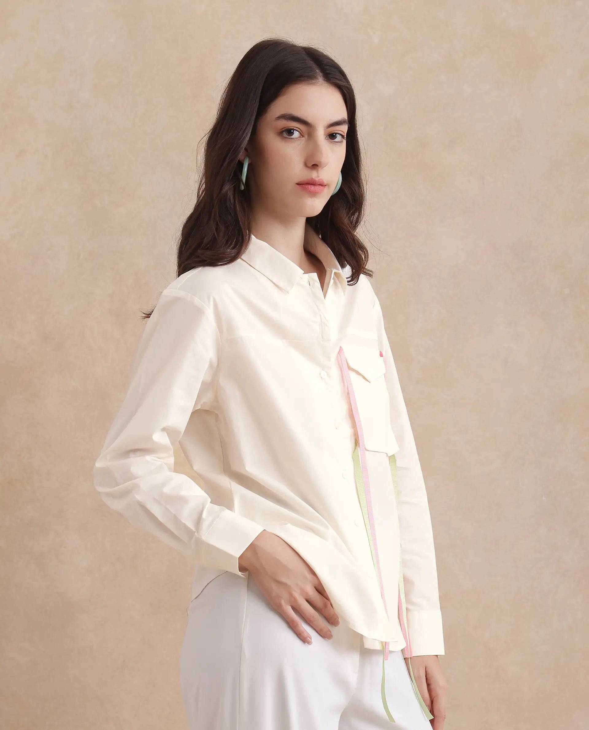 Rareism Women's Fetopl Beige Cotton Spread Collar Graphic Print Cuffed Sleeve Boxy Fit Shirt