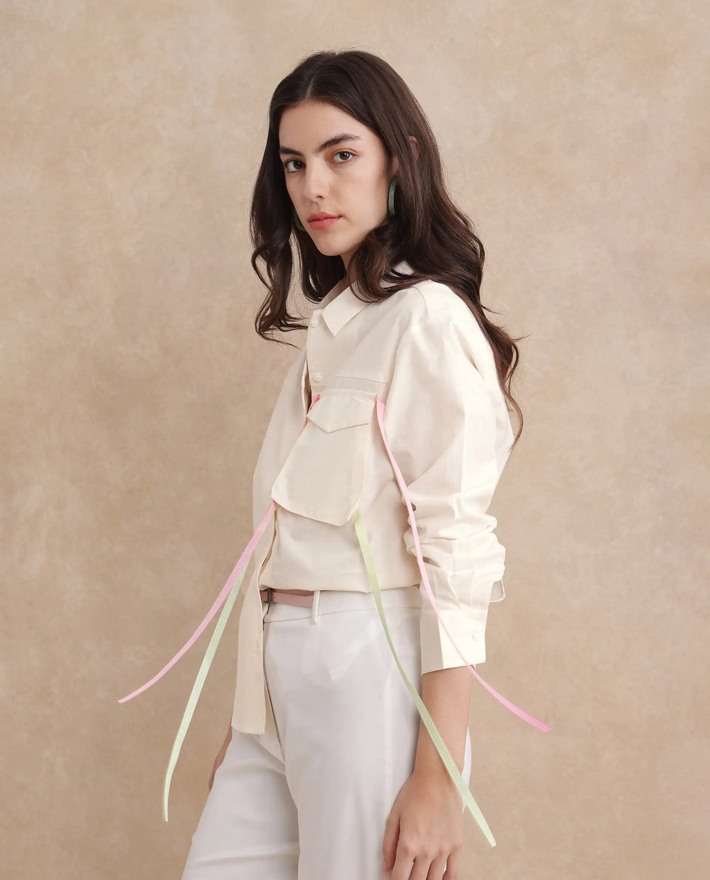 Rareism Women's Fetopl Beige Cotton Spread Collar Graphic Print Cuffed Sleeve Boxy Fit Shirt