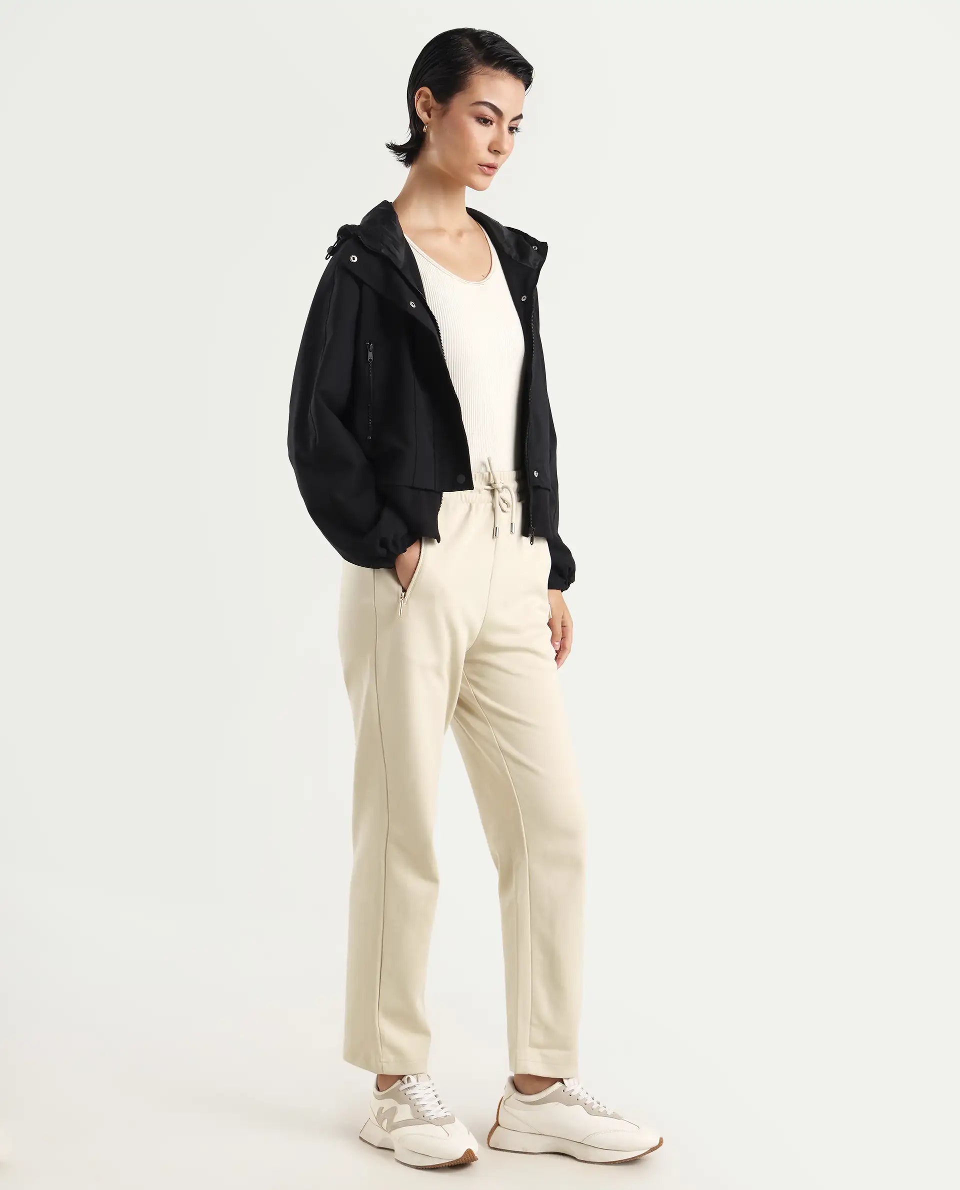 Rareism Women's Fider Beige Cotton Blend Plain Ankle Length Tapered Track Pant