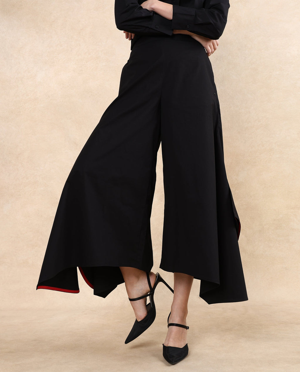 Rareism Women's Filom Black Cotton Blend Plain Ankle Length Flared Trouser