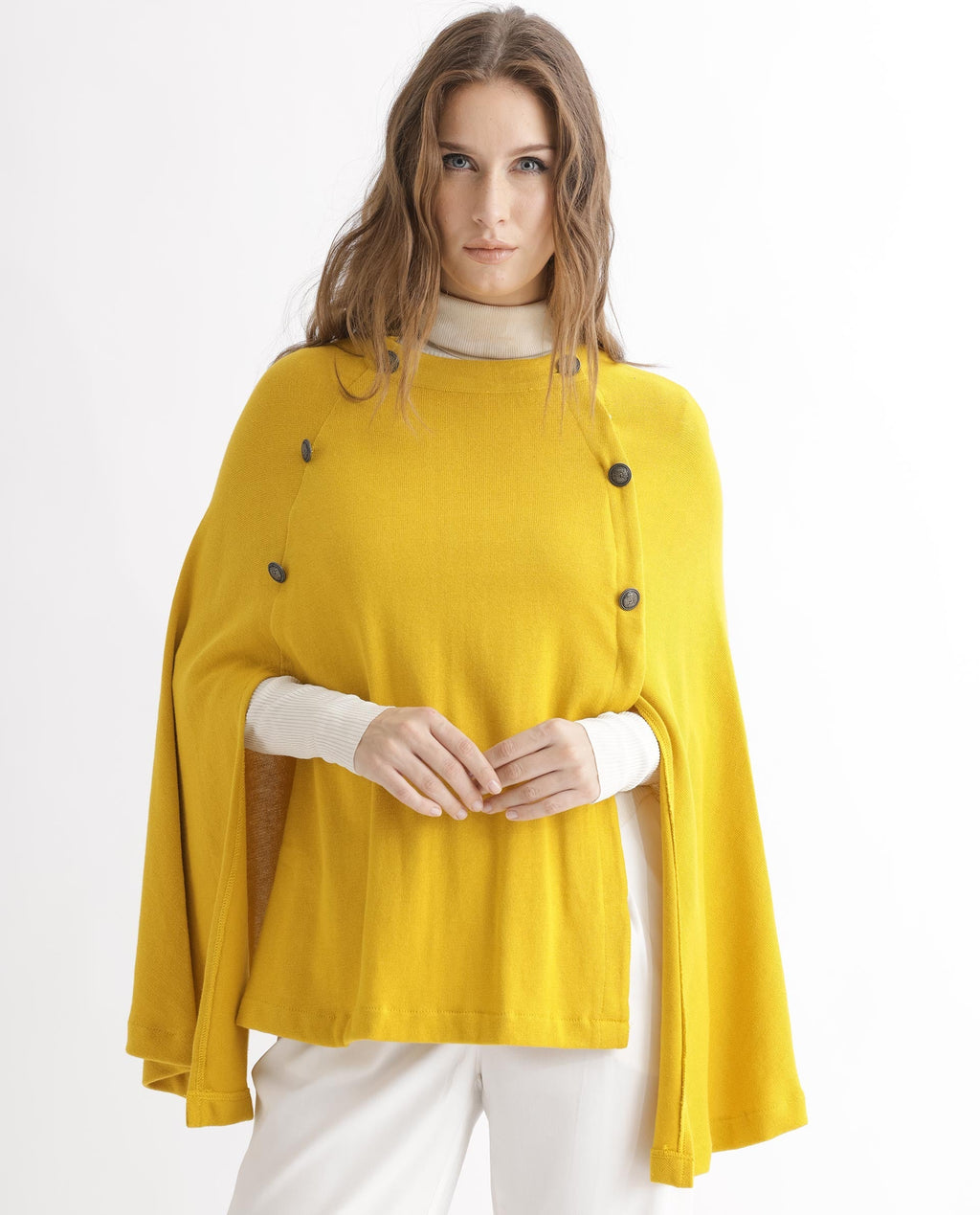Rareism Women's Finley Mustard Cotton Collarless Plain Cape Sleeve Relaxed Fit Sweater