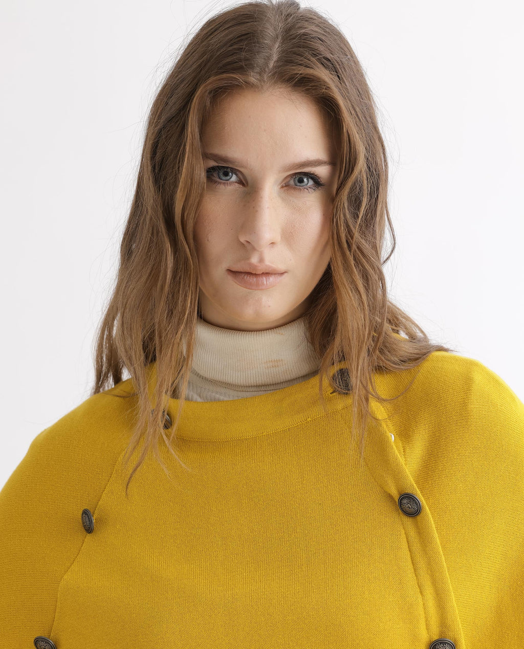 Rareism Women's Finley Mustard Cotton Collarless Plain Cape Sleeve Relaxed Fit Sweater