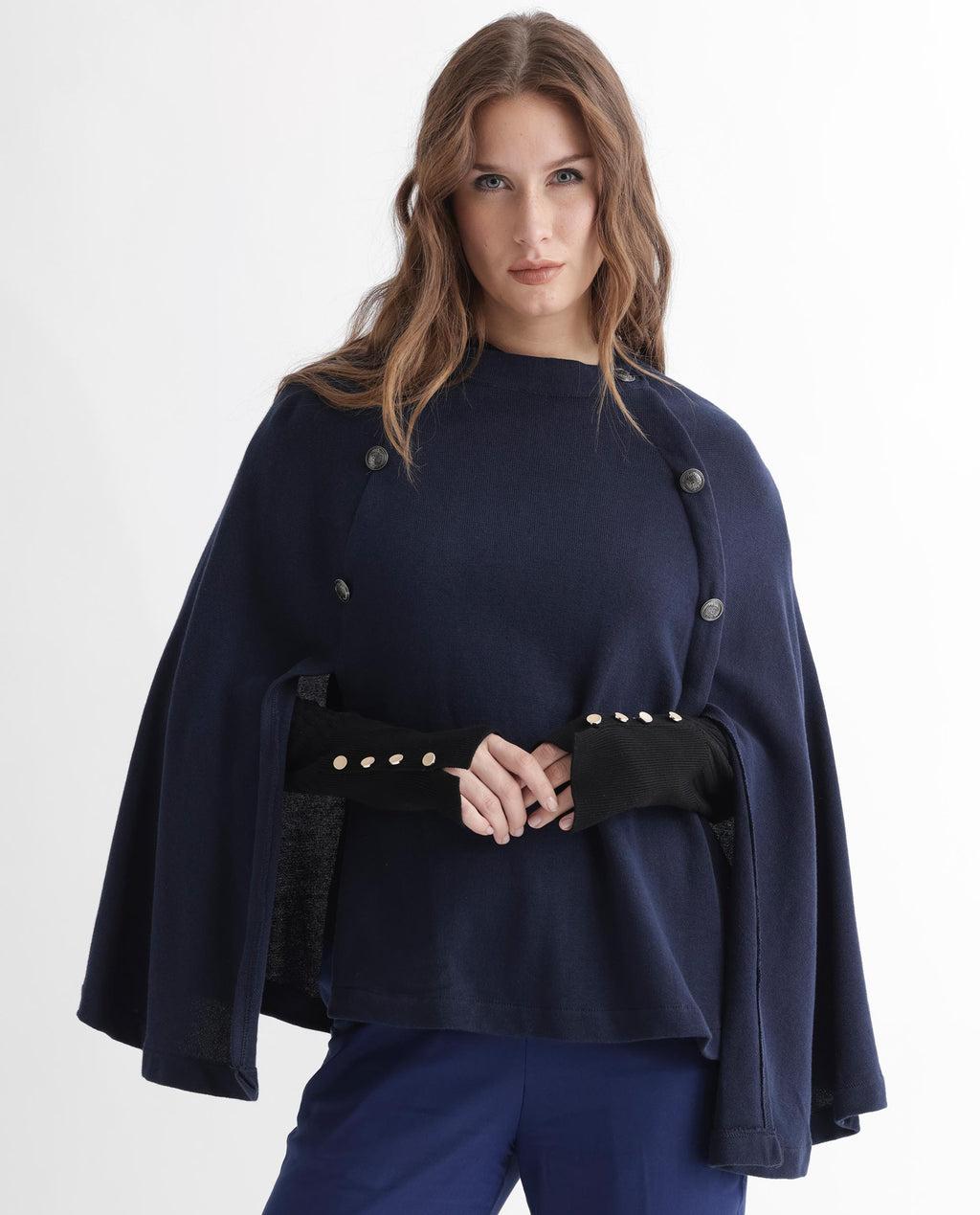 Rareism Women's Finley Navy Cotton Collarless Plain Cape Sleeve Relaxed Fit Sweater