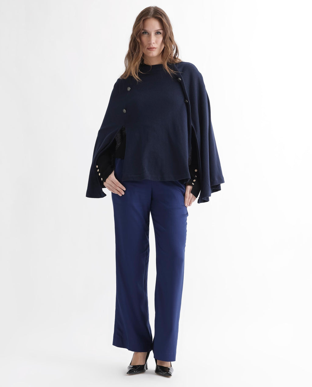 Rareism Women's Finley Navy Cotton Collarless Plain Cape Sleeve Relaxed Fit Sweater