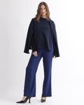 Rareism Women's Finley Navy Cotton Collarless Plain Cape Sleeve Relaxed Fit Sweater