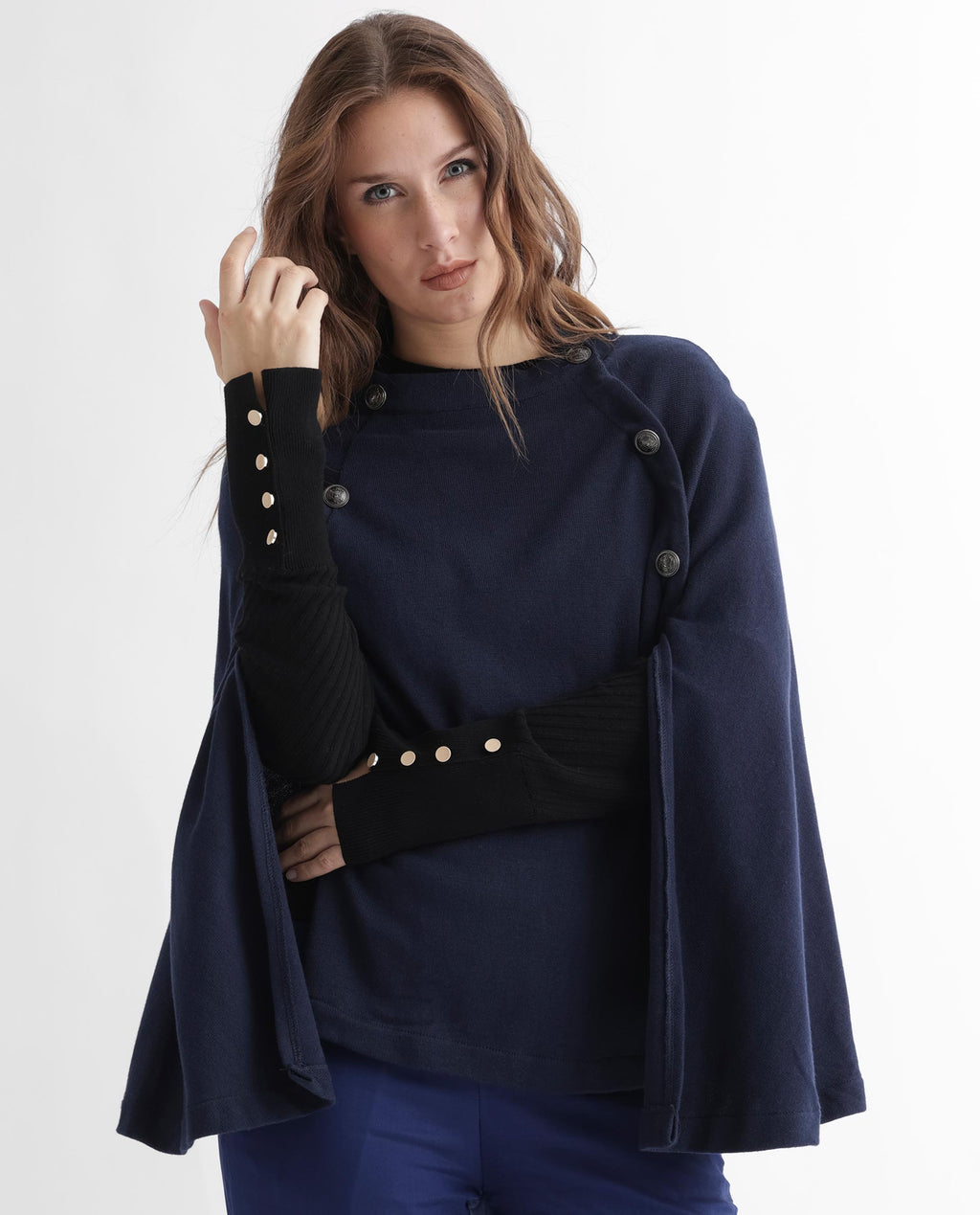 Rareism Women's Finley Navy Cotton Collarless Plain Cape Sleeve Relaxed Fit Sweater