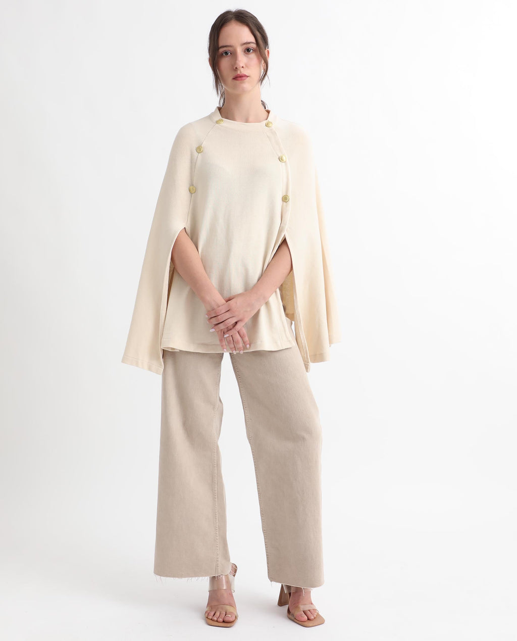 Rareism Women's Finley Offwhite Cotton Collarless Plain Cape Sleeve Relaxed Fit Sweater