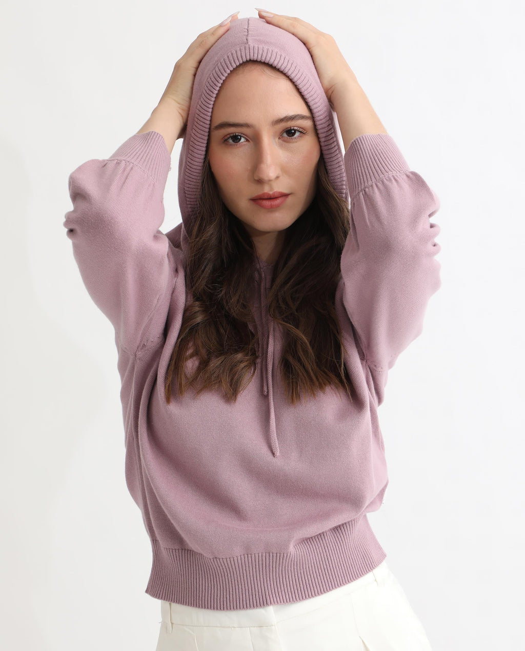 Rareism Women's Finn Sweat Pink Cotton Hooded Plain Relaxed Fit Sweater