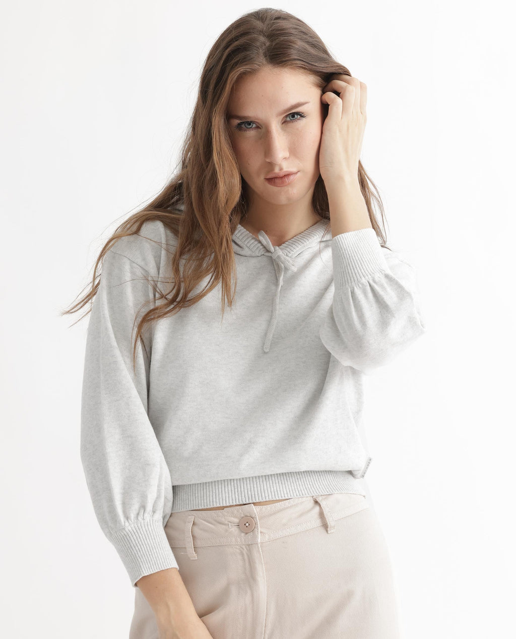 Rareism Women's Finn Sweat Offwhite Cotton Hooded Plain Relaxed Fit Sweater