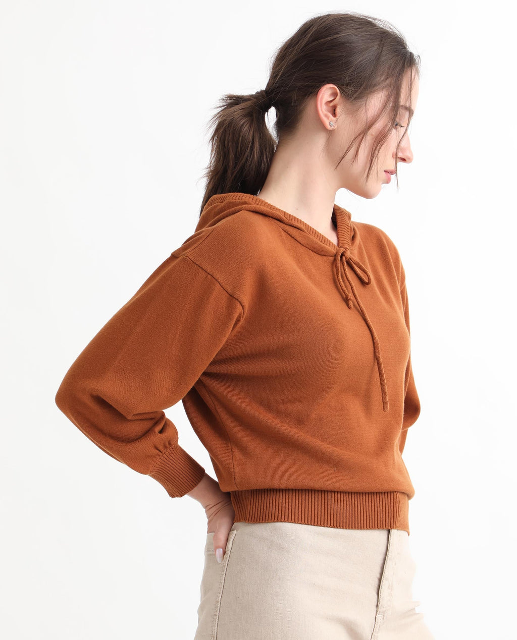 Rareism Women's Finn Sweat Rust Cotton Hooded Plain Relaxed Fit Sweater