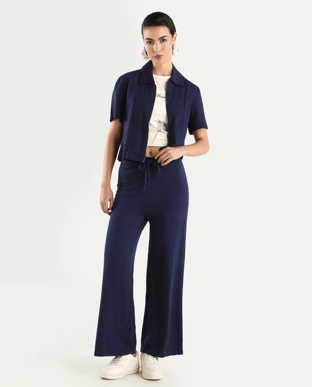 Rareism Women's Finnet B Navy Knit Plain Ankle Length Wide Leg Track Pant