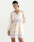 Rareism Women's Fiscella Pastel Yellow Cotton V-Neck Floral Print Bishop Sleeve Mini Fit And Flare Dress