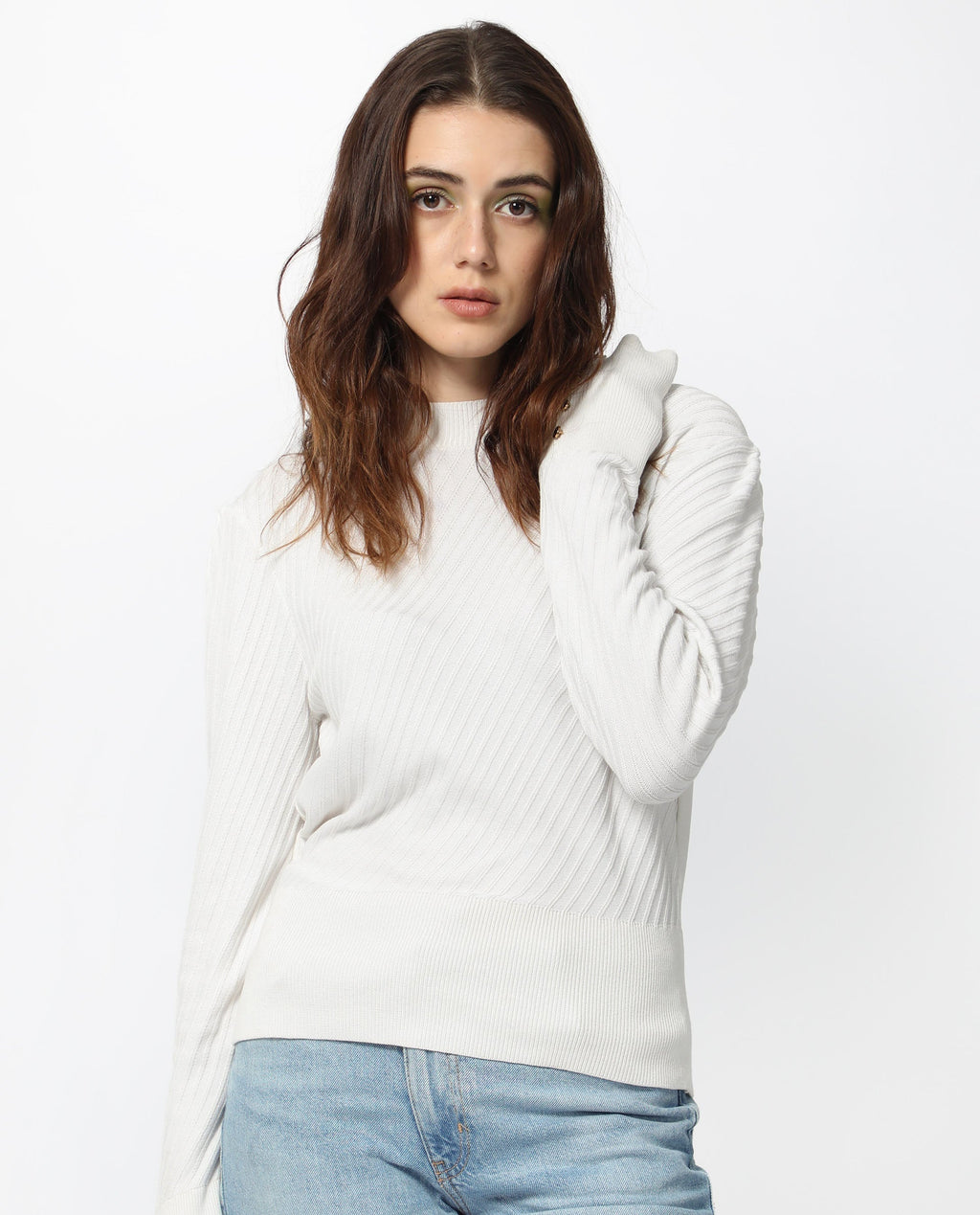 Rareism Women's Fischer White Viscose High Neck Plain Regular Fit Sweater