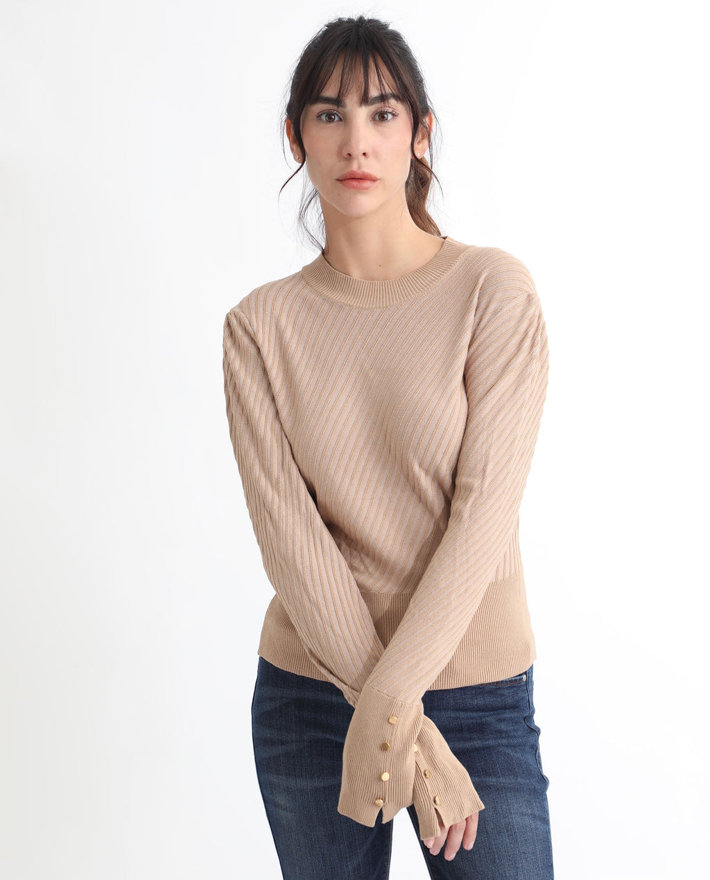 Rareism Women's Fischer Beige Viscose High Neck Plain Regular Fit Sweater