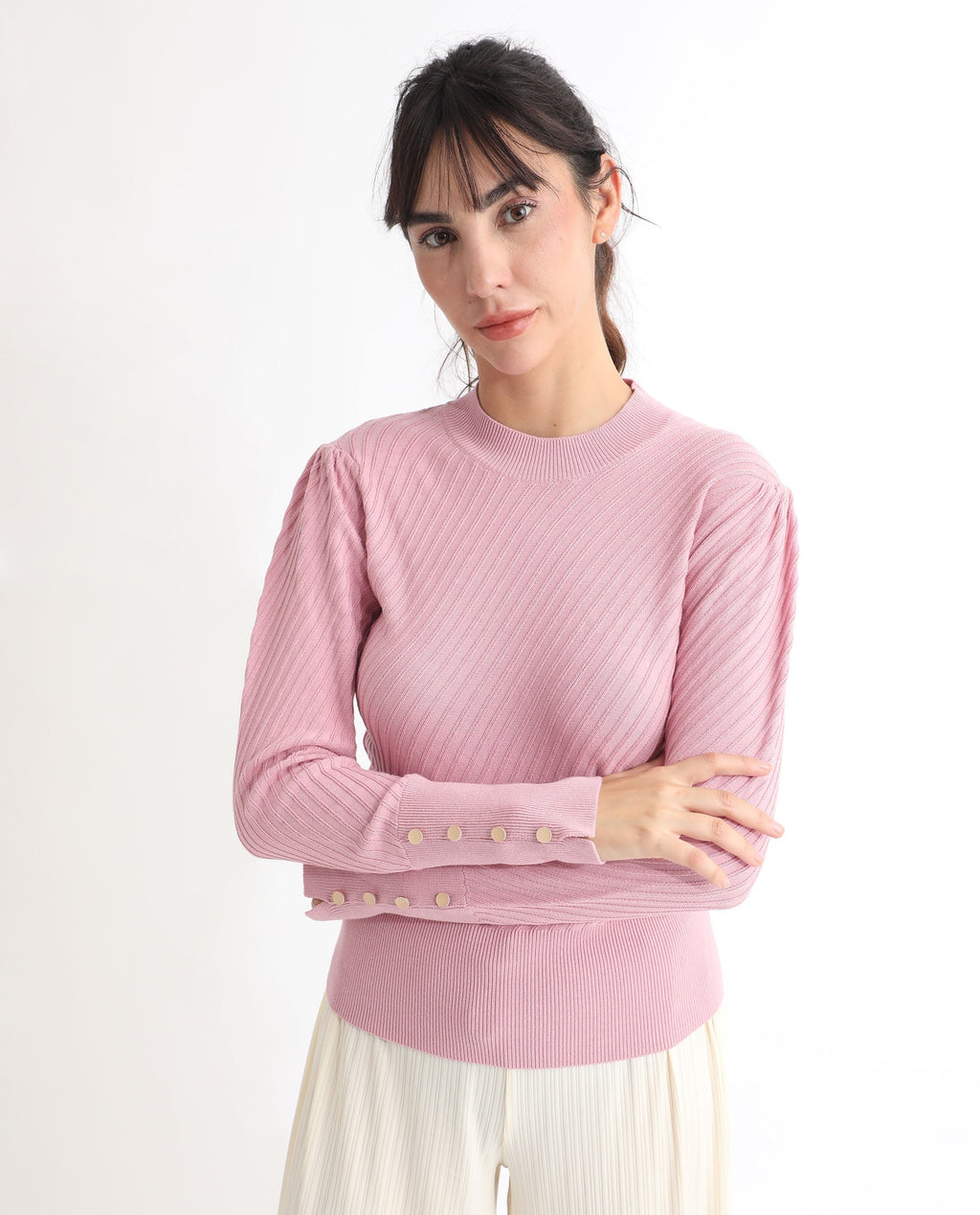 Rareism Women's Fischer Pink Viscose High Neck Plain Regular Fit Sweater