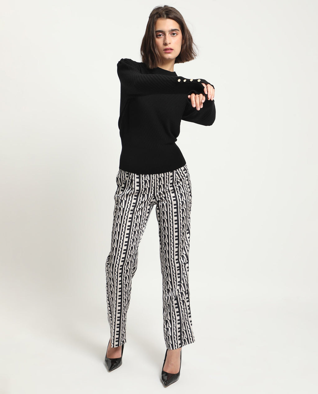 Rareism Women's Fischer Black Viscose High Neck Plain Regular Fit Sweater