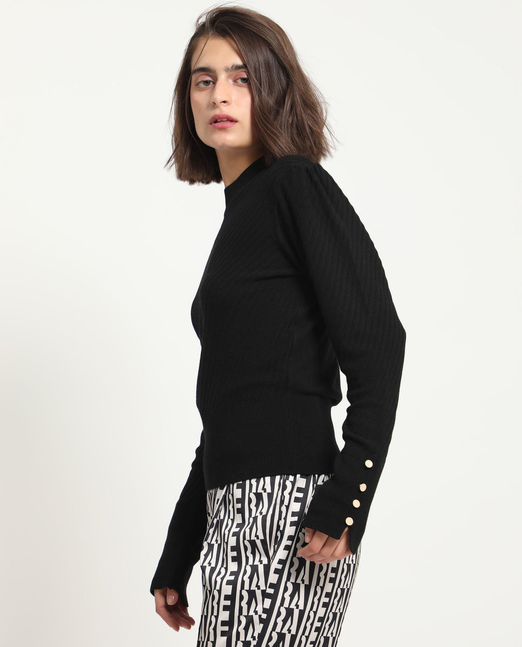 Rareism Women's Fischer Black Viscose High Neck Plain Regular Fit Sweater