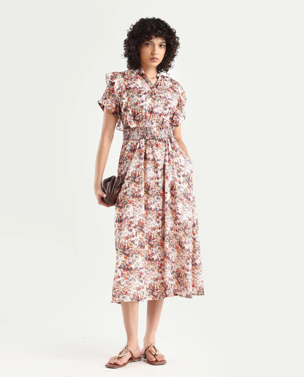 Rareism Women's Fisht Offwhite Cotton V-Neck Floral Print Ruffled Sleeve Midi Regular Fit Dress