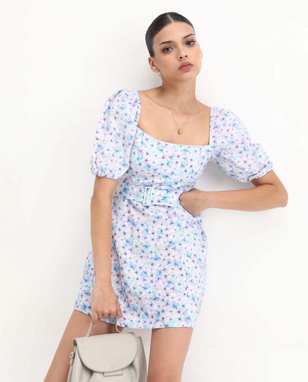 Rareism Women's Fisto Purple Linen Square Neck Floral Print Knee Length Regular Fit Dress