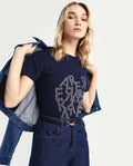 Rareism Women's Flank Dark Navy Cotton Blend Crew Neck Graphic Print Regular Fit T-Shirt