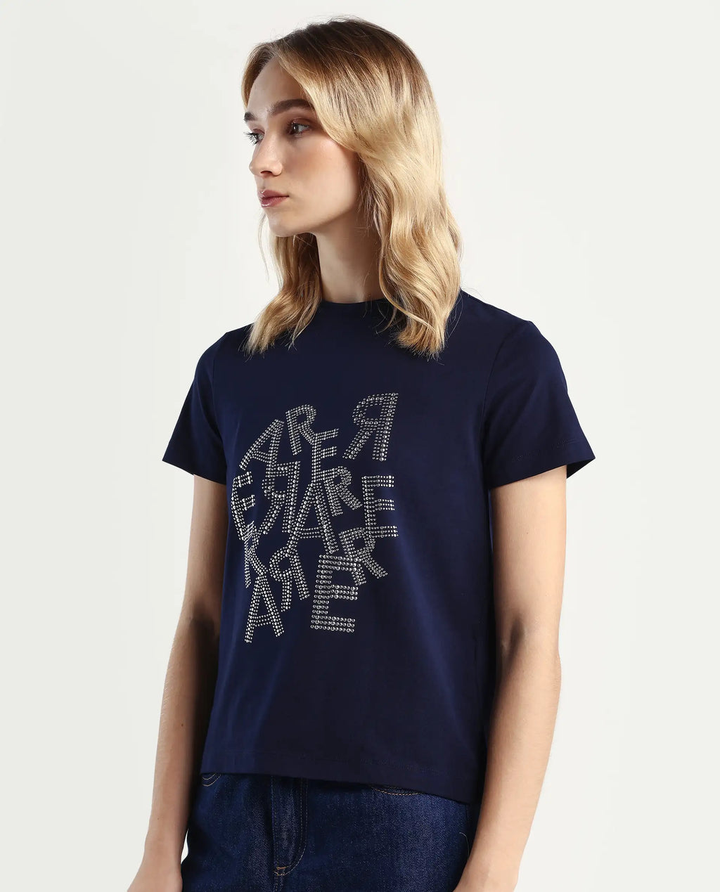 Rareism Women's Flank Dark Navy Cotton Blend Crew Neck Graphic Print Regular Fit T-Shirt