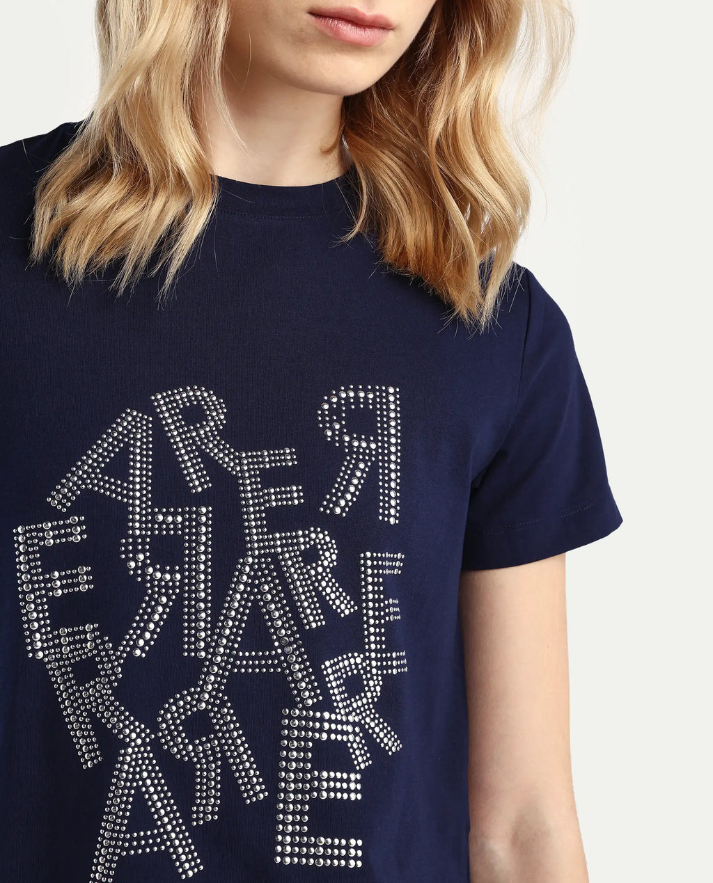 Rareism Women's Flank Dark Navy Cotton Blend Crew Neck Graphic Print Regular Fit T-Shirt