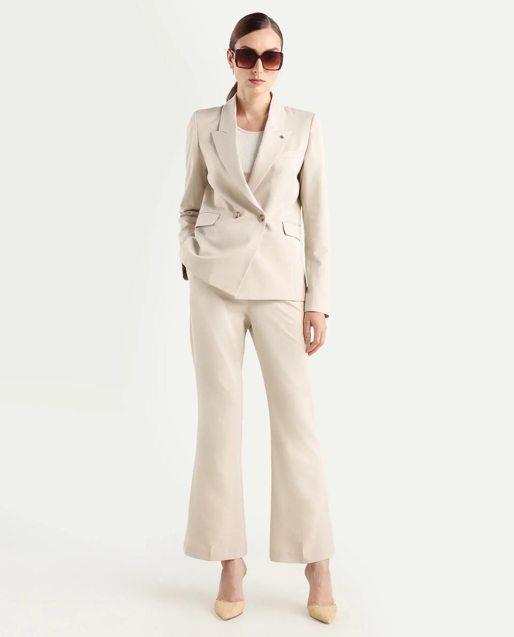 Rareism Women's Flare Beige Polyester Blend Bootcut Ankle Length Plain Travel Trouser
