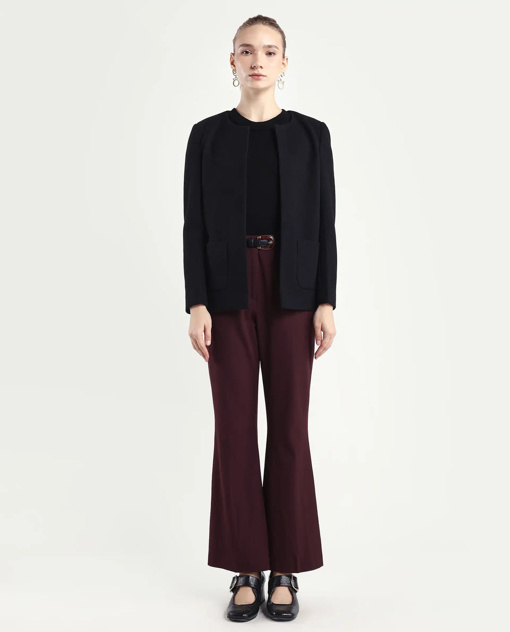 Rareism Women's Flare Deep Red Polyester Blend Bootcut Ankle Length Plain Travel Trouser