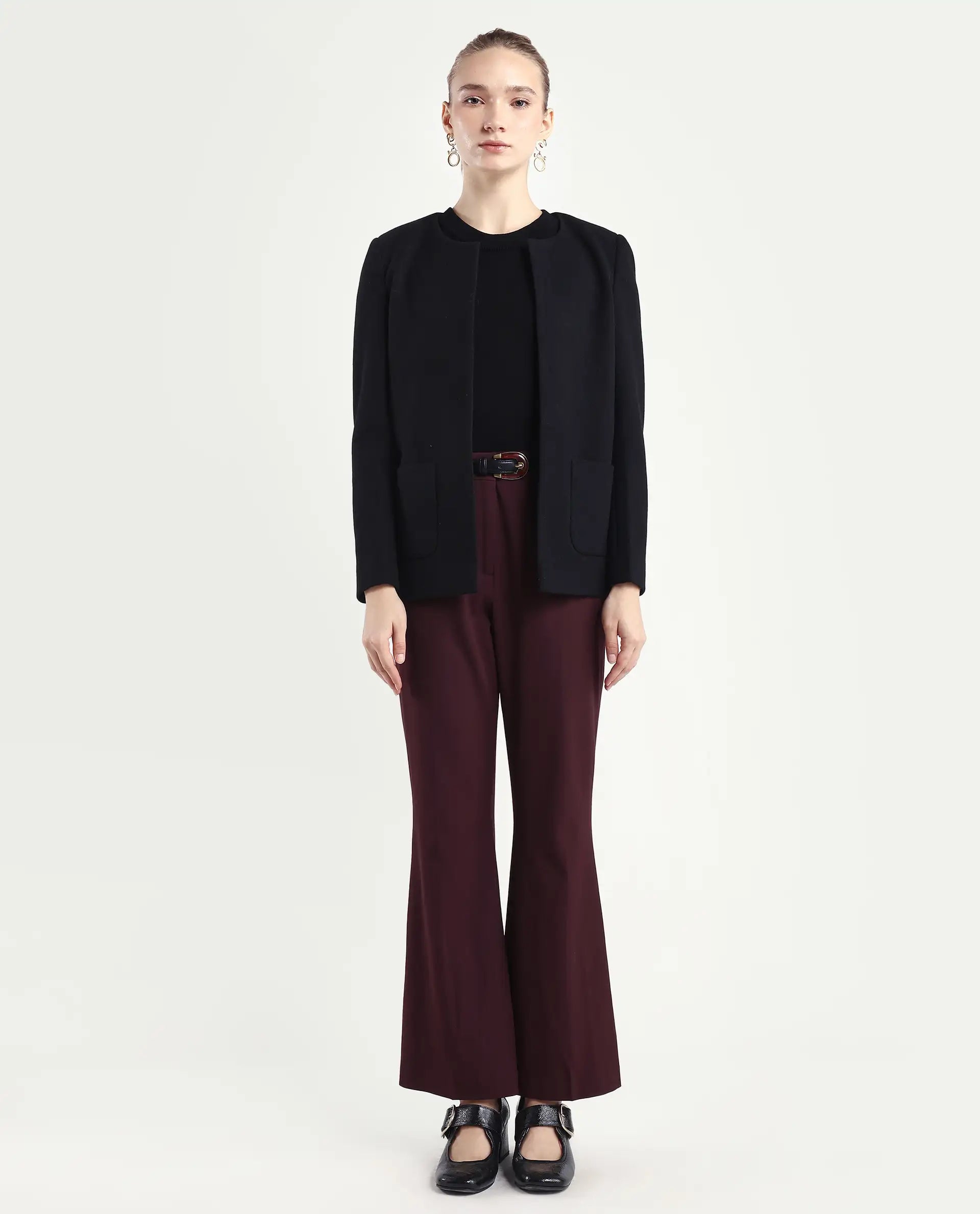 Rareism Women's Flare Deep Red Polyester Blend Bootcut Ankle Length Plain Travel Trouser