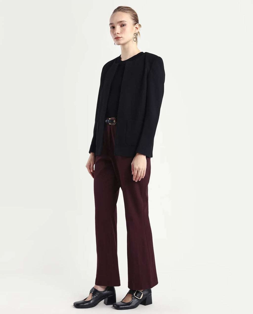 Rareism Women's Flare Deep Red Polyester Blend Bootcut Ankle Length Plain Travel Trouser