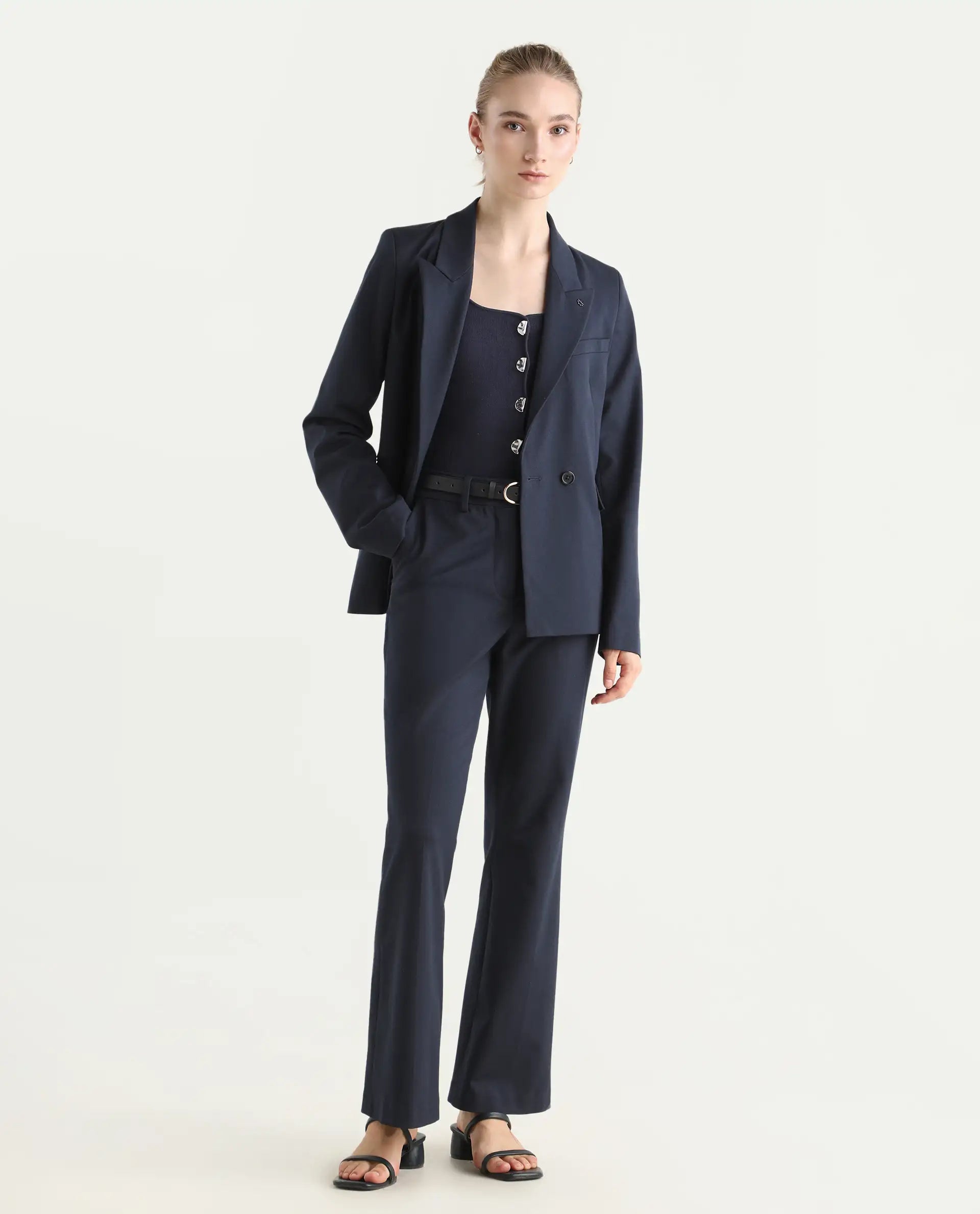 Rareism Women's Flare Navy Polyester Blend Bootcut Ankle Length Plain Travel Trouser