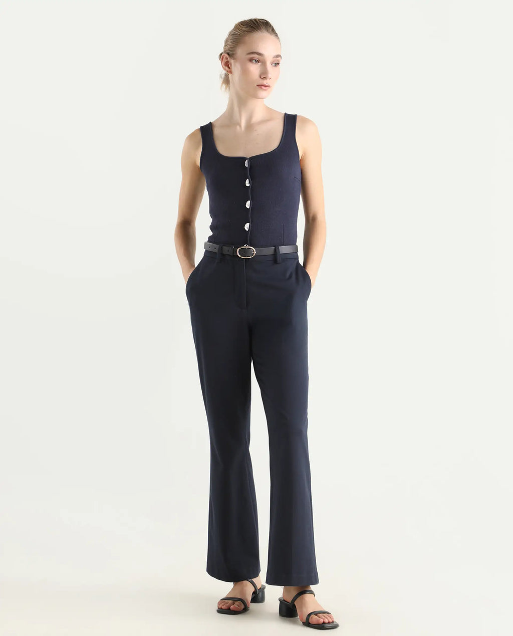 Rareism Women's Flare Navy Polyester Blend Bootcut Ankle Length Plain Travel Trouser