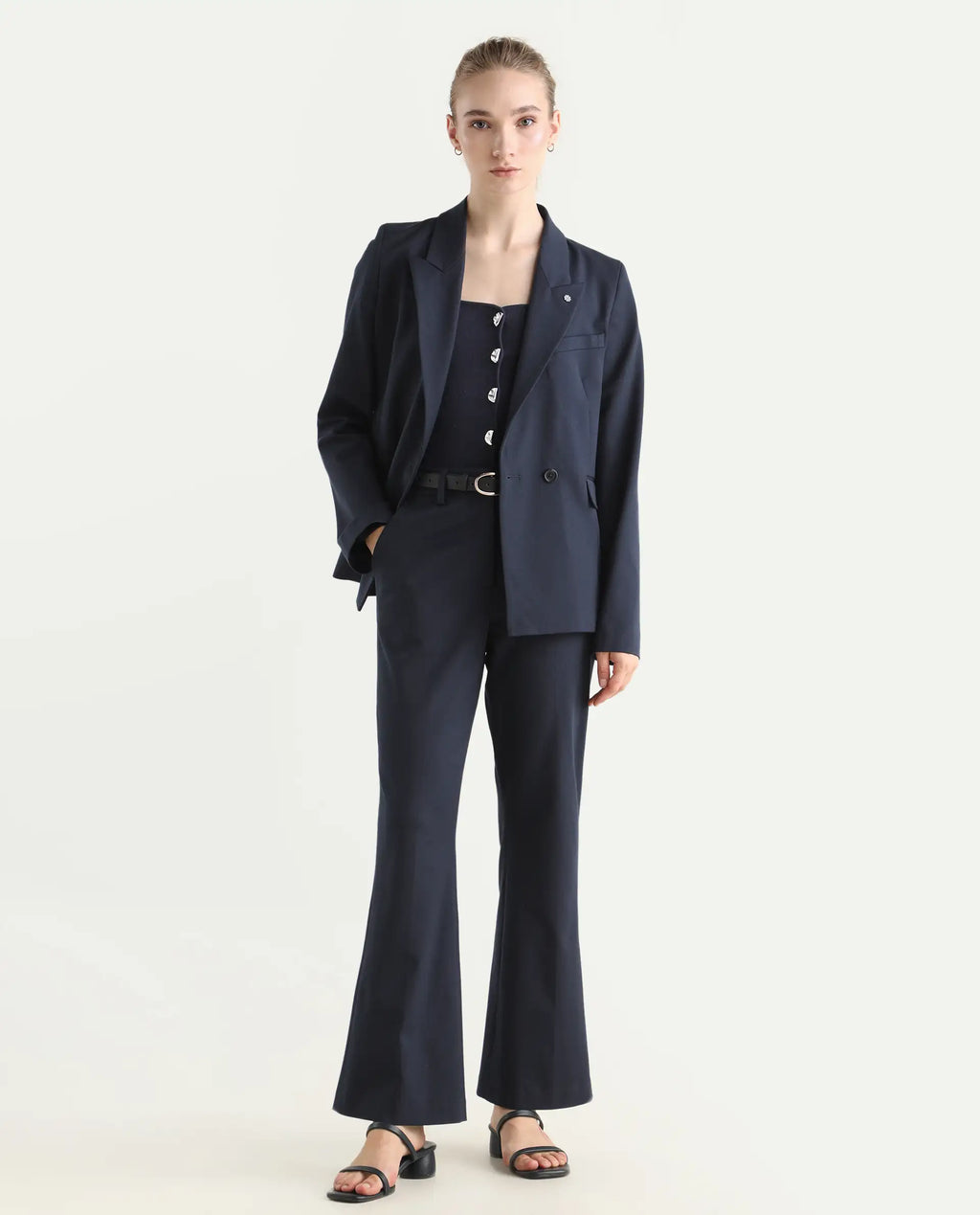 Rareism Women's Flare Navy Polyester Blend Bootcut Ankle Length Plain Travel Trouser