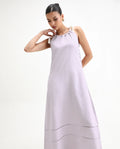 Rareism Women's Flat Purple Linen Tie-Up Neck Plain Sleeveless Knee Length Regular Fit Dress