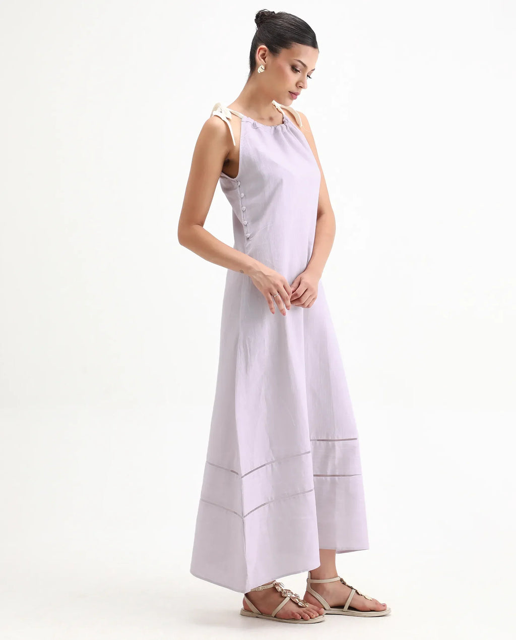 Rareism Women's Flat Purple Linen Tie-Up Neck Plain Sleeveless Knee Length Regular Fit Dress