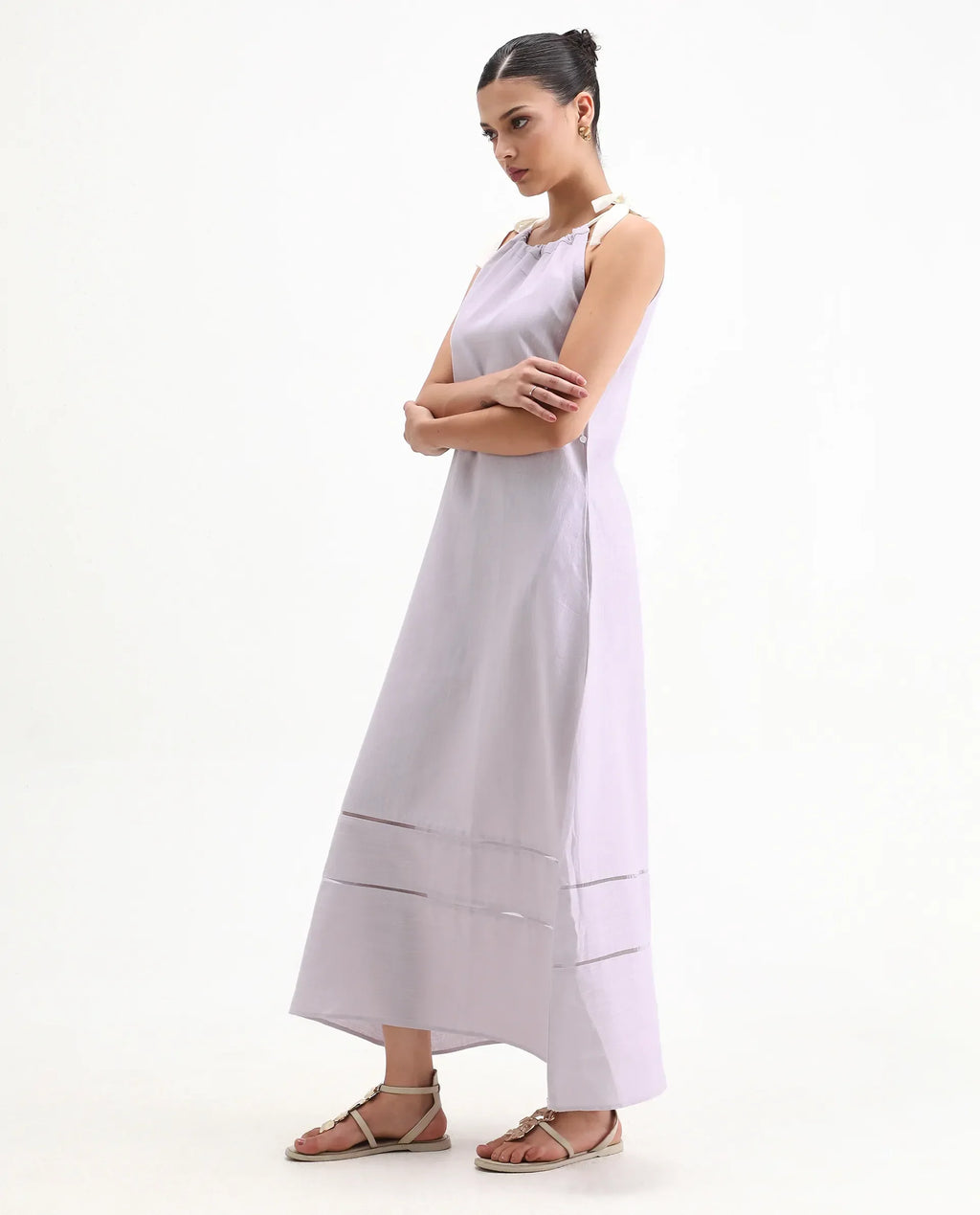 Rareism Women's Flat Purple Linen Tie-Up Neck Plain Sleeveless Knee Length Regular Fit Dress