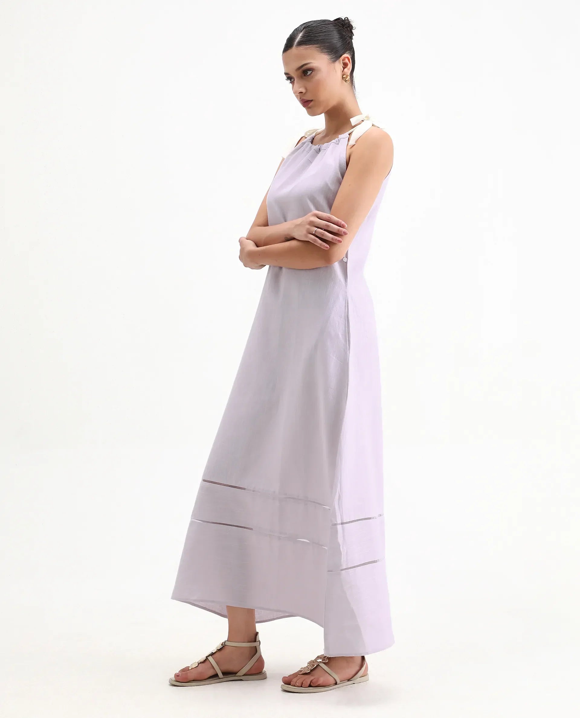 Rareism Women's Flat Purple Linen Tie-Up Neck Plain Sleeveless Knee Length Regular Fit Dress