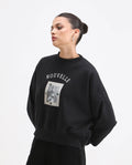 Rareism Women's Flen Black Cotton Blend Crew Neck Oversize Fit Graphic Print Sweatshirt