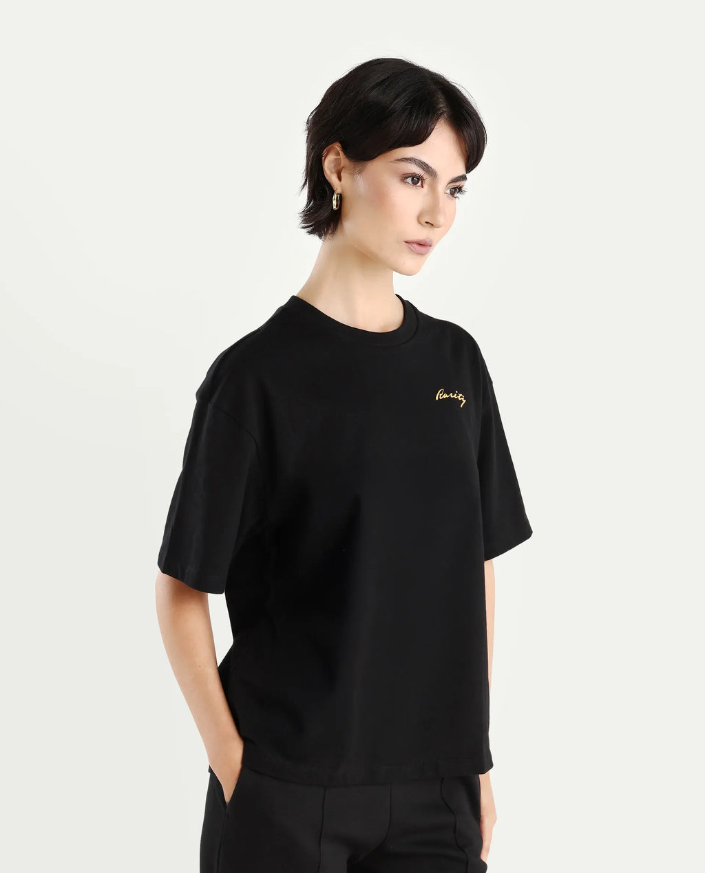 Rareism Women's Flex Black Cotton Blend Crew Neck Graphic Print Oversized T-Shirt