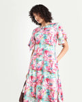 Rareism Women's Flonki Pastel Green Viscose Crew Neck Floral Print Bell Sleeve Midi Regular Fit Dress