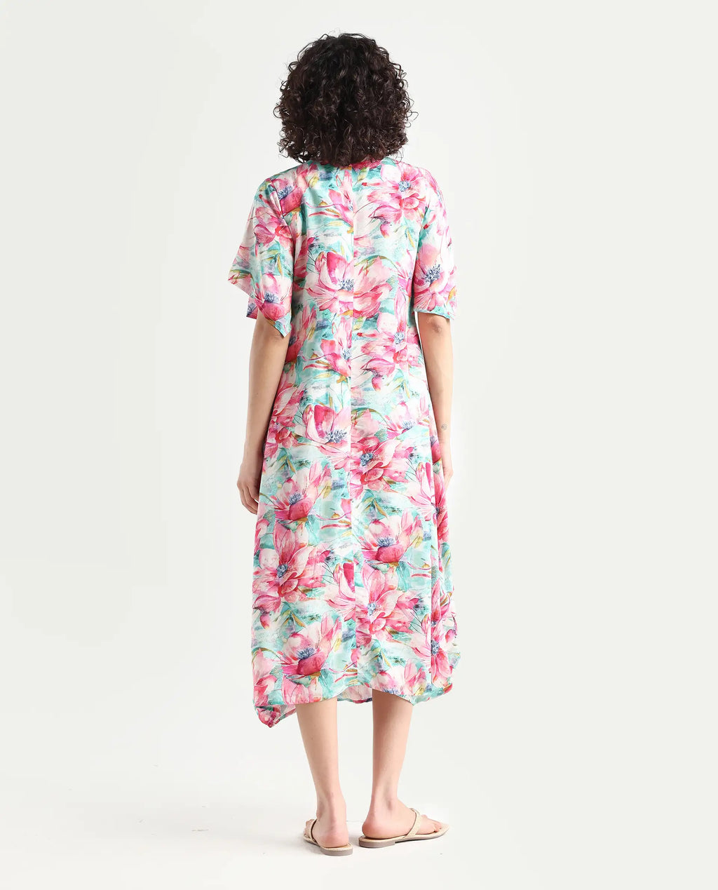 Rareism Women's Flonki Pastel Green Viscose Crew Neck Floral Print Bell Sleeve Midi Regular Fit Dress