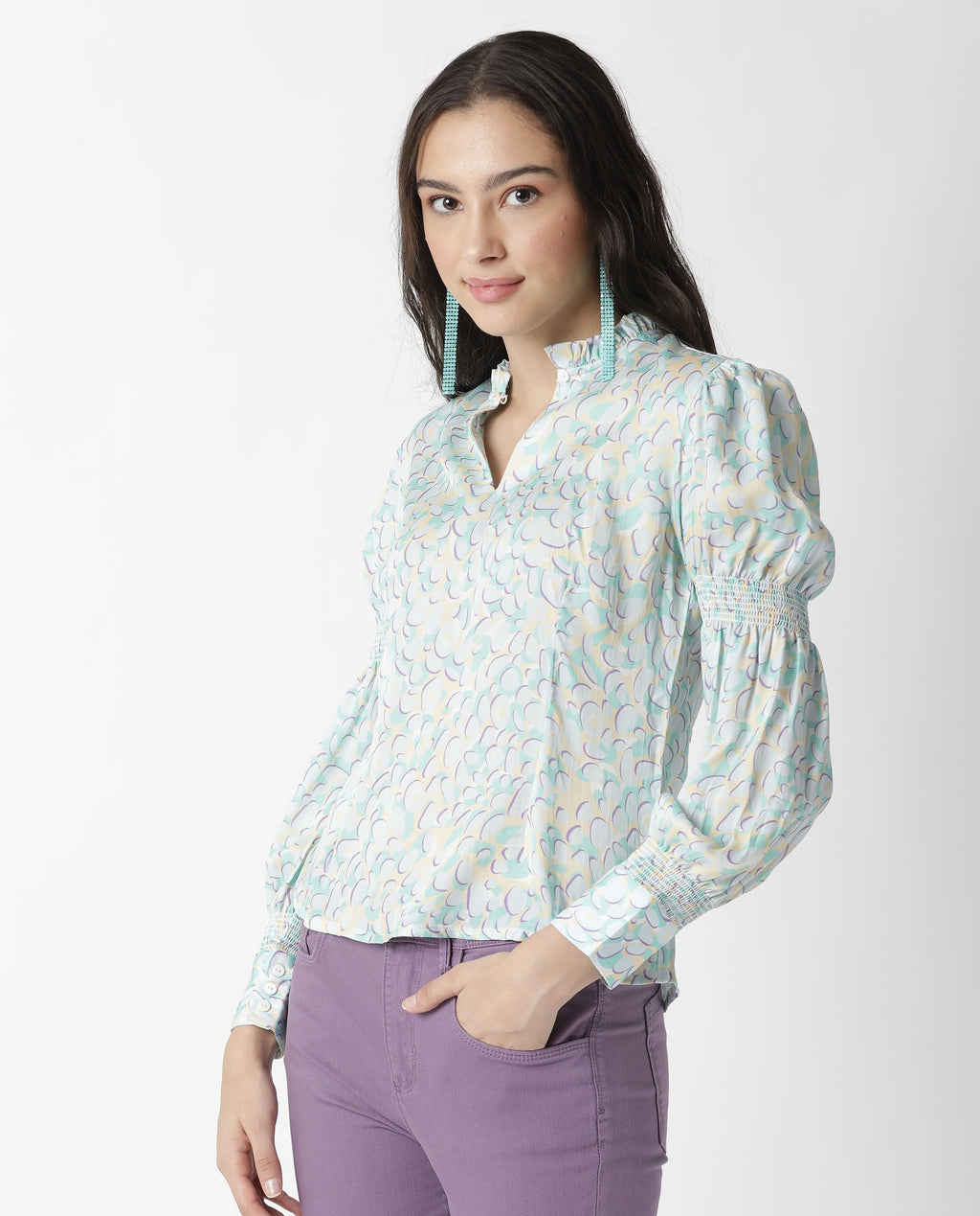 Rareism Women's Floor Purple Sweetheart Neck Printed Knee Length Slim Fit Top