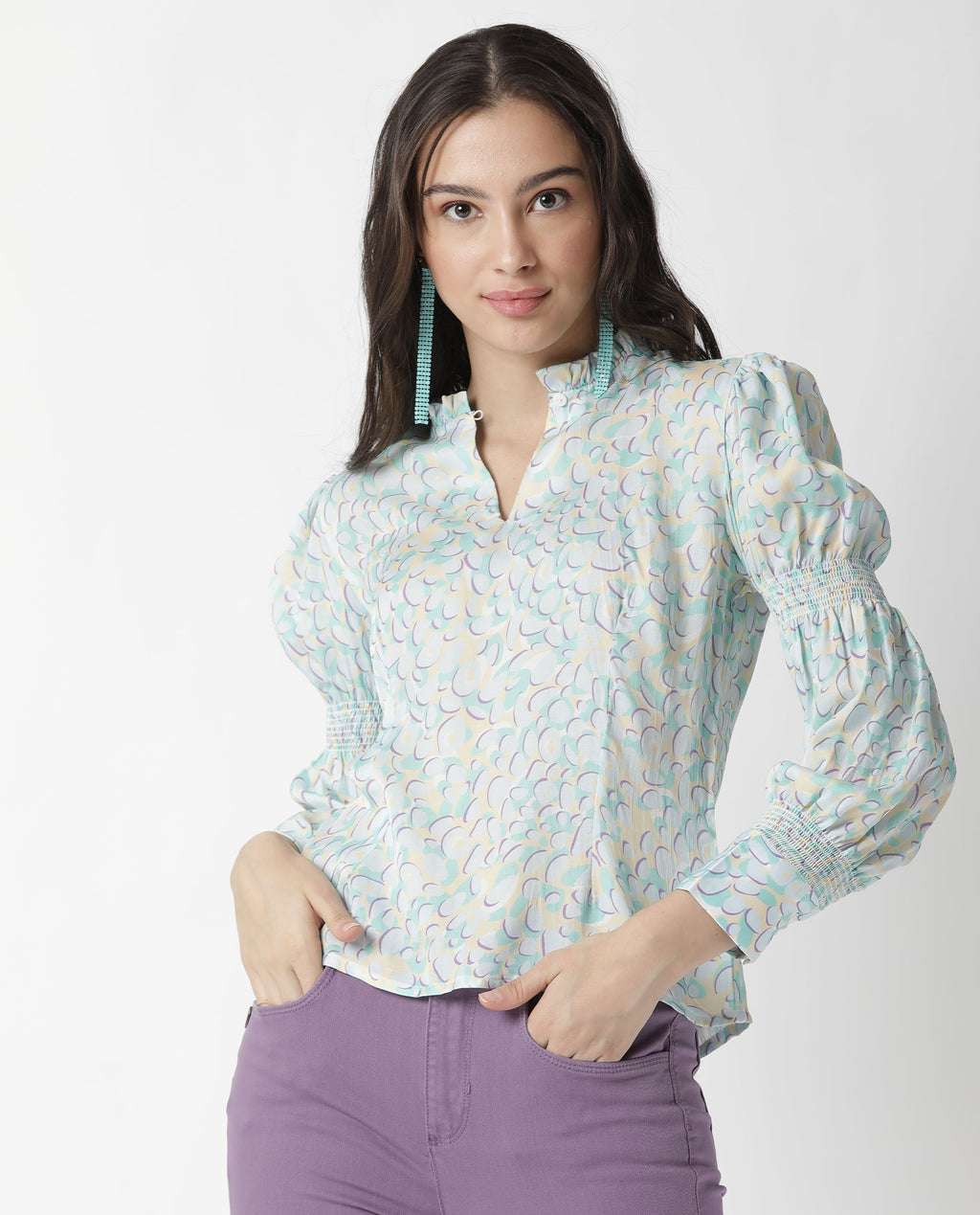 Rareism Women's Floor Purple Sweetheart Neck Printed Knee Length Slim Fit Top