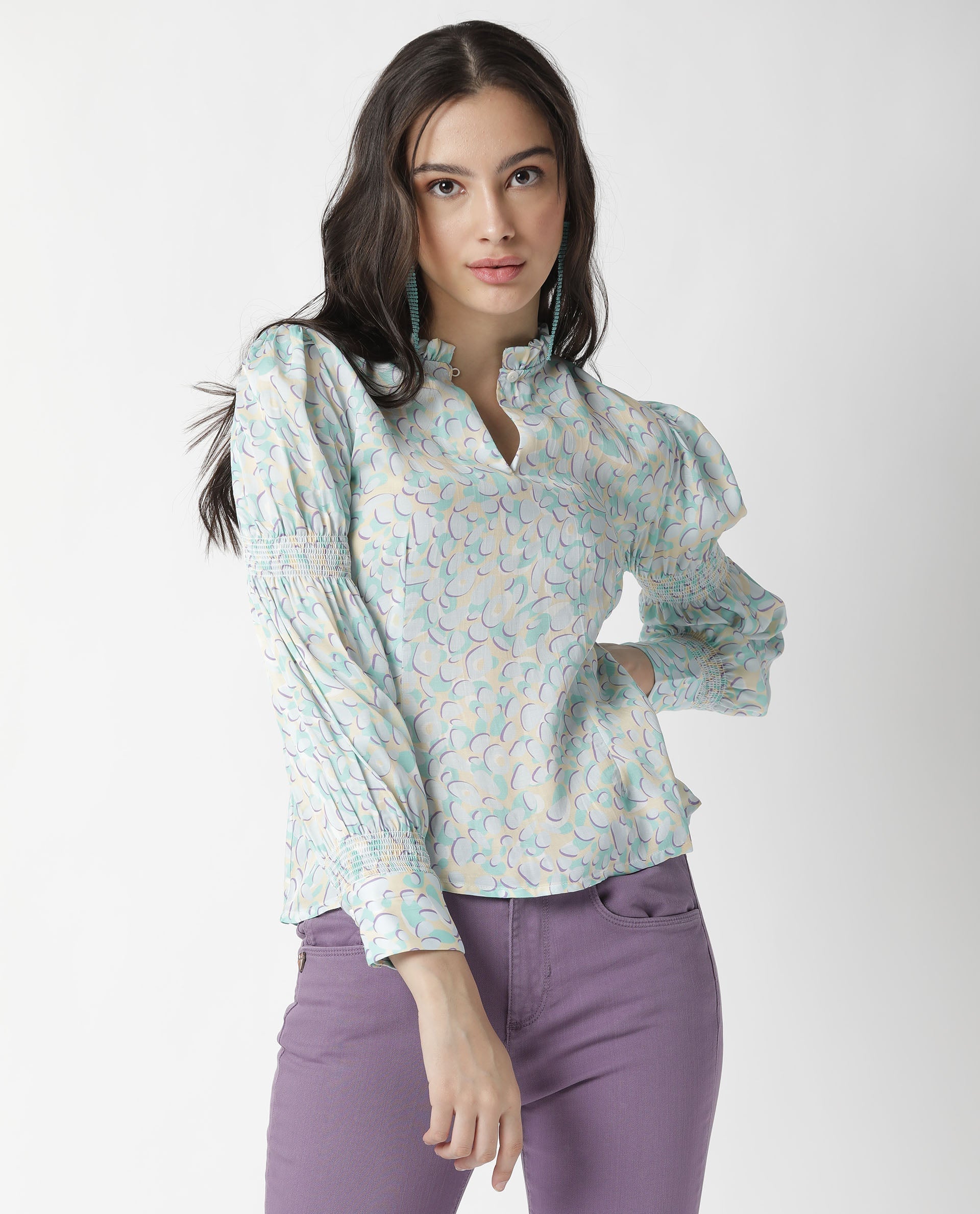 Rareism Women's Floor Purple Sweetheart Neck Printed Knee Length Slim Fit Top